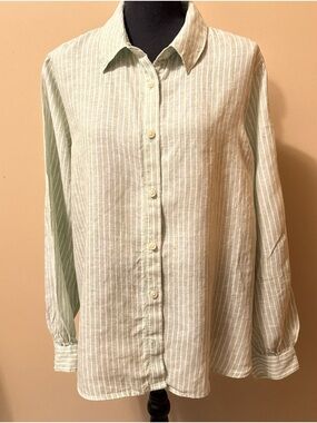 Lands' End Light Green and White Striped Button-Up Blouse